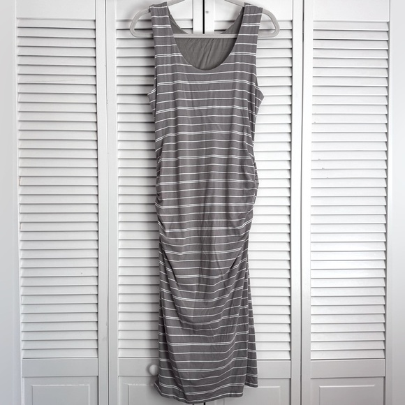 Athleta Comeback Tank Midi Dress Gray White Stripe Ruching Size L - Picture 5 of 9